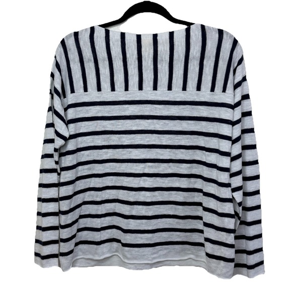 Eileen Fisher Linen Cotton Top Xs White Navy Stripe Boatneck Button Shoulder - Picture 11 of 12
